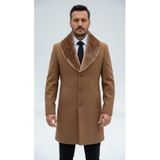 Plus Scorpion Uzun Kaşe Kaban Çıkartılabilir Kürk Yaka Astarlı Cepli Slim Fit Mont, L, Uzun Kaşe Kaban, Taba, Erkek