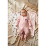 PMS Nube Soft Pamuklu Waffle Dokulu Pembe Bulut Ve Sevimli İnek Desenli 3’lü Bebek Tulum Seti - Fermuarl