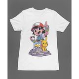 Pokemon Pikachu ve Ash Ketchum Chibi Çizgi Film Dizi Unisex Tişört T-Shirt - Siyah - XL
