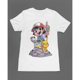 Pokemon Pikachu ve Ash Ketchum Chibi Çizgi Film Dizi Unisex Tişört T-Shirt - Siyah