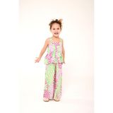 Polente Kız Çocuk Dökümlü Pamuk Kumaşlı Çaskılı Bluz & Wideleg Pantolonlu Çiçek Desenli Takım - 3-4 Y - Pembe - Yeşil