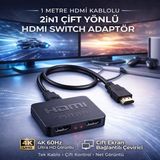Polham 1mt Hdmi Kablolu 2in1 Çift Yönlü HDMI Switch Adaptör, 4K 60Hz, Çift Ekran Bağlantılı Çevirici - Siyah