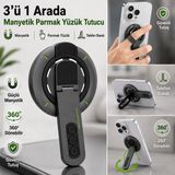 Polham 3in1 Manyetik Telefon Tutucu – 360° Döner Parmak Yüzük ve Ayarlanabilir Telefon Standı, Ful Metal Stand - Siyah
