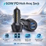 Polham 60W Pd Hızlı Araç Şarj Cihazı – 2x Type-C Çıkışlı 12V / 24V Uyumlu Araç Çakmaklık Şarj Adaptörü - Siyah