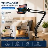 Polham Teleskopik Masaüstü ve Yatak Bazası Için Telefon ve Tablet Tutucu Stand, Yükseklik ve Açı Ayarlı Tablet Tutucu - Siyah