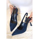 POLKA STORE Saint Gold Metal Toka Detaylı Sivri Burun Lacivert Süet Stiletto Abiye Topuklu Kadın Ayakkabı