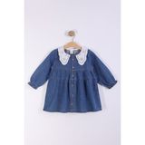 Pollito Fisto Denim Elbise Kız Çocuklar İçin Uzun Kollu Düğmeli Indigo Tasarım - İndigo - 3 - 4 Yaş