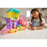 Polly Pocket ve Eğlence Dolu 2 Katlı Evi Mutfak Kaydırak 75 cm Polly Bebek Köpek Figürü Koltuk Sandalye Turta Aksesuarları Dahil GMF81