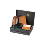Polo Air Dama Desen Cüzdan, Kartlık, Kemer, Çakmak Kombin Set, Taba
