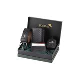 Polo Air Dama Desenli Erkek Cüzdan, Kemer, Kartlık, Parfüm Seti, Siyah