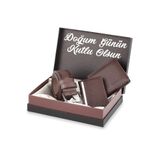 Polo Air Doğum Günün Kutlu Olsun Yazılı Erkek Set, Kemer Cüzdan Kartlık Kombin, Kahverengi