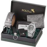 Polo Air Erkek Kemer Cüzdan Kartlık Anahtarlık Çakmak Kol Saati Hediyelik Kutusunda Gri Set PL-0960E6 - Gri - Gümüş