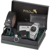 Polo Air Erkek Kemer Cüzdan Kartlık Anahtarlık Çakmak Kol Saati Hediyelik Kutusunda Siyah Set PL-0960E1 - Gri - Siyah