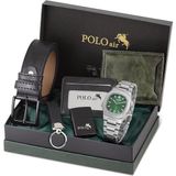 Polo Air Erkek Kemer Cüzdan Kartlık Anahtarlık Çakmak Kol Saati Hediyelik Kutusunda Yeşil Set PL-0960E4 - Gri - Yeşil