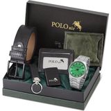 Polo Air Erkek Kol Saati Cüzdan Kemer Kartlık Anahtarlık Çakmak Kombin Set Gümüş Yeşil Renk PL-0916E3 - Gümüş - Yeşil