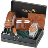Polo Air Erkek Kol Saati Cüzdan Kemer Kartlık Anahtarlık Kombin Kahverengi Set PL-0860E3 - Gümüş - Turuncu