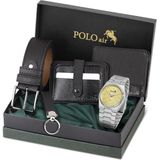 Polo Air Erkek Kol Saati Cüzdan Kemer Kartlık Anahtarlık Kombin Siyah Set PL-0860E4 - Altın - Gümüş
