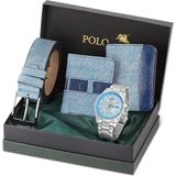 Polo Air Erkek Kol Saati Cüzdan Kemer Kartlık Kombin Set PL-0830E2 Lacivert Set - Gümüş - Mavi