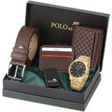 Polo Air Erkek Kol Saati Dama Desenli Cüzdan Kemer Kartlık Çakmak Kombin Set Gold Siyah Renk PL-0919E5 - Altın
