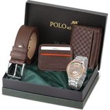 Polo Air Erkek Kol Saati Dama Desenli Cüzdan Kemer Kartlık Kombin PL-0839E3 Kahverengi Set - Gümüş - Kahverengi
