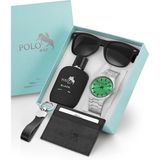 Polo Air Erkek Kol Saati Gözlük Parfüm Kartlık Anahtarlık Kombin Set Gümüş Yeşil Renk PL-0917E3 - Gümüş - Yeşil