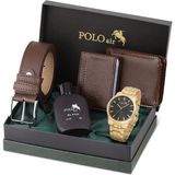 Polo Air Erkek Kol Saati Parfüm Cüzdan Kemer Kartlık Kombin Set Gold Siyah Renk PL-0918E5 - Altın