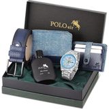 Polo Air Erkek Kol Saati Parfüm Cüzdan Kemer Kartlık Kombin Set PL-0831E2 - Gümüş - Açık Mavi