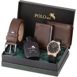 Polo Air Erkek Kol Saati Parfüm Cüzdan Kemer Kartlık Kombin Set Siyah Bakır Renk PL-0918E4 - Bakır - Siyah
