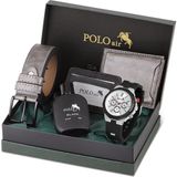 Polo Air Erkek Kombin Kemer Cüzdan Kartlık Parfüm Kol Saati Hediyelik Kutusunda Gümüş Siyah Set PL-0973E4 - Gümüş - Siyah