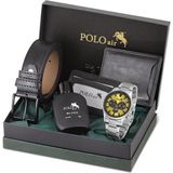 Polo Air Erkek Kombin Kemer Cüzdan Kartlık Parfüm Kol Saati Hediyelik Kutusunda Siyah Set PL-0975E4 - Gümüş - Altın