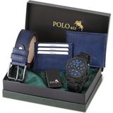 Polo Air Erkek Set Kombin Kemer Cüzdan Kartlık Çakmak Kol Saati Hediyelik Kutusunda Lacivert Set PL-0976E2 - Lacivert - Siyah