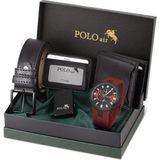 Polo Air Erkek Set Kombin Kemer Cüzdan Kartlık Çakmak Kol Saati Hediyelik Kutusunda Siyah Set PL-0974E7 - Bordo - Siyah