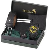 Polo Air Erkek Set Kombin Kemer Cüzdan Kartlık Çakmak Kol Saati Hediyelik Kutusunda Siyah Set PL-0976E4 - Altın - Siyah