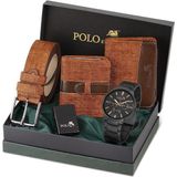 Polo Air Erkek Set Kombin Kemer Cüzdan Kartlık Çakmak Kol Saati Hediyelik Kutusunda Taba Set PL-0966E3 - Bakır - Siyah