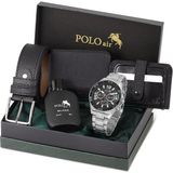 Polo Air Hediyelik Kutusunda Erkek Set Kombin Kemer Cüzdan Kartlık Parfüm Kol Saati Siyah Set PL-0971E5 - Gümüş - Siyah