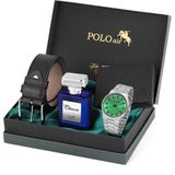 Polo Air Klasik Metal Kordon Erkek Kol Saati Cüzdan Kemer Parfüm Kombin Gümüş Yeşil Renk PL-0915E3 - Gümüş - Yeşil
