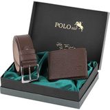Polo Air Logolu Klasik Erkek Cüzdan Kemer Seti M-17 - Kahverengi