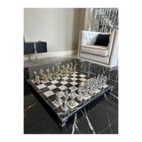 POLO BLUE Osmanlı & Bizans Figürlü Demir Döküm Lüks Satranç Takımı – 30x30 cm Mermer Desenli Tabla