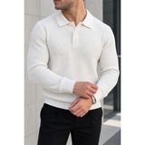 Polo State Dokulu Örgü Polo Yaka Erkek Triko Kazak - Ekru