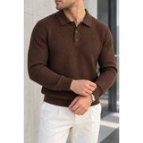 Polo State Dokulu Örgü Polo Yaka Erkek Triko Kazak - Kahverengi - XL