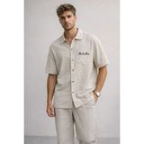 Polo State Erkek Oversize Kısa Kollu Dokulu Baskılı Bej Gömlek – More Than Words - XS
