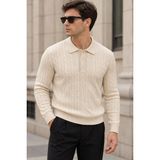 Polo State Erkek Saç Örgü Desenli Uzun Kollu Polo Yaka Triko Kazak - Bej - M