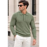 Polo State Erkek Saç Örgü Desenli Uzun Kollu Polo Yaka Triko Kazak - Çağla - XL
