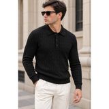 Polo State Erkek Saç Örgü Desenli Uzun Kollu Polo Yaka Triko Kazak - Siyah