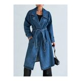 Polo State Kadın Kruvaze Yaka Denim Trençkot Mavi