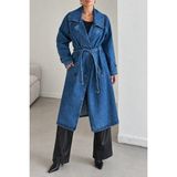 Polo State Kadın Kuşaklı Kruvaze Yaka Oversize Uzun Denim Trençkot Mavi - 32