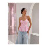 Polo State Kadın Pembe Beyaz Puantiyeli İnce Askılı Korse Formlu Peplum Bluz