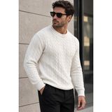 Polo State Saç Örgü Bisiklet Yaka Yün Karışımlı Erkek Triko Kazak - Ekru - XL