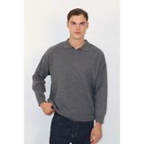Polo V Yaka Örgü Relaxed Fit Erkek Triko Kazak | Ventov Gri - S - 0-Gri