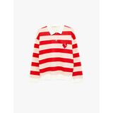 Polo Yaka Düğmeli Uzun Kollu Oversize Kalpli Çizgili Sweatshirt